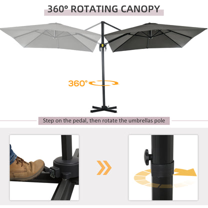 Outsunny 2.5 x 2.5m Patio Offset Parasol Umbrella Cantilever Hanging Aluminium Sun Shade Canopy Shelter 360\'c2\'b0 Rotation with Crank Handle and Cross Base, Grey