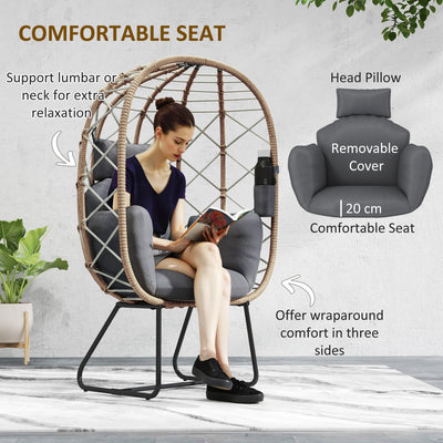 Outsunny Rattan Egg Chair Outdoor Indoor Wicker Chair with Thickened Cushion and Headrest, Standing Garden Egg Chair with Cup Holder, Metal Frame for Patio, Balcony, Brown 