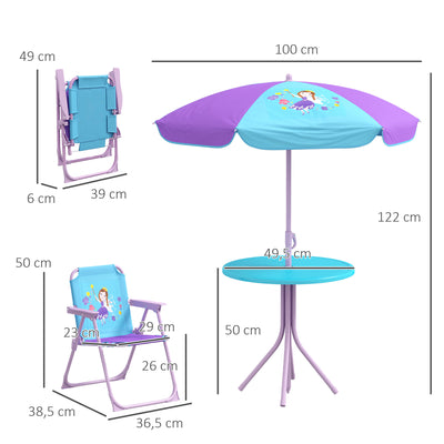Outsunny Kids Picnic Table and Chair Set, Fairy Themed Outdoor Garden Furniture w/ Foldable Chairs, Adjustable Parasol 