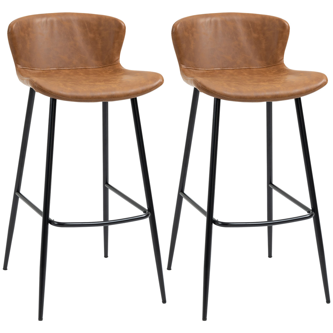 HOMCOM Bar Stools Set of 2, PU Leather Upholstered Bar Chairs, Kitchen Stools with Backs and Steel Legs for Dining Room, Brown 