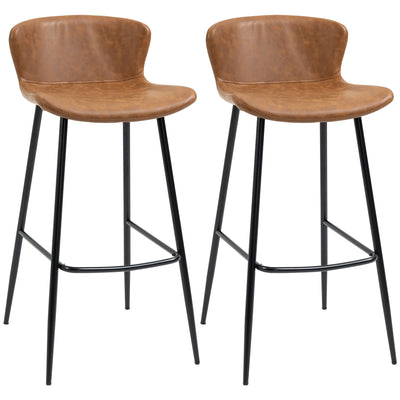 HOMCOM Bar Stools Set of 2, PU Leather Upholstered Bar Chairs, Kitchen Stools with Backs and Steel Legs for Dining Room, Brown 