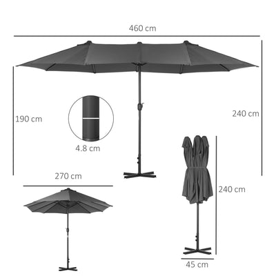 Outsunny 4.6M Sun Umbrella Canopy Double-sided Crank Sun Shade w/ Cross Base Grey 