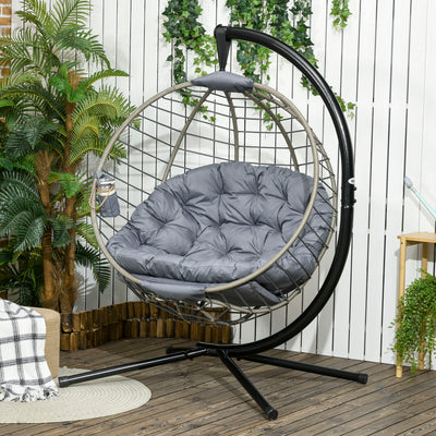 Outsunny PE Rattan Swing Chair, Outdoor Hanging Chair with Metal Stand, Thick Padded Cushion, Foldable Basket and Cup Holder, for Indoor and Outdoor, Grey 