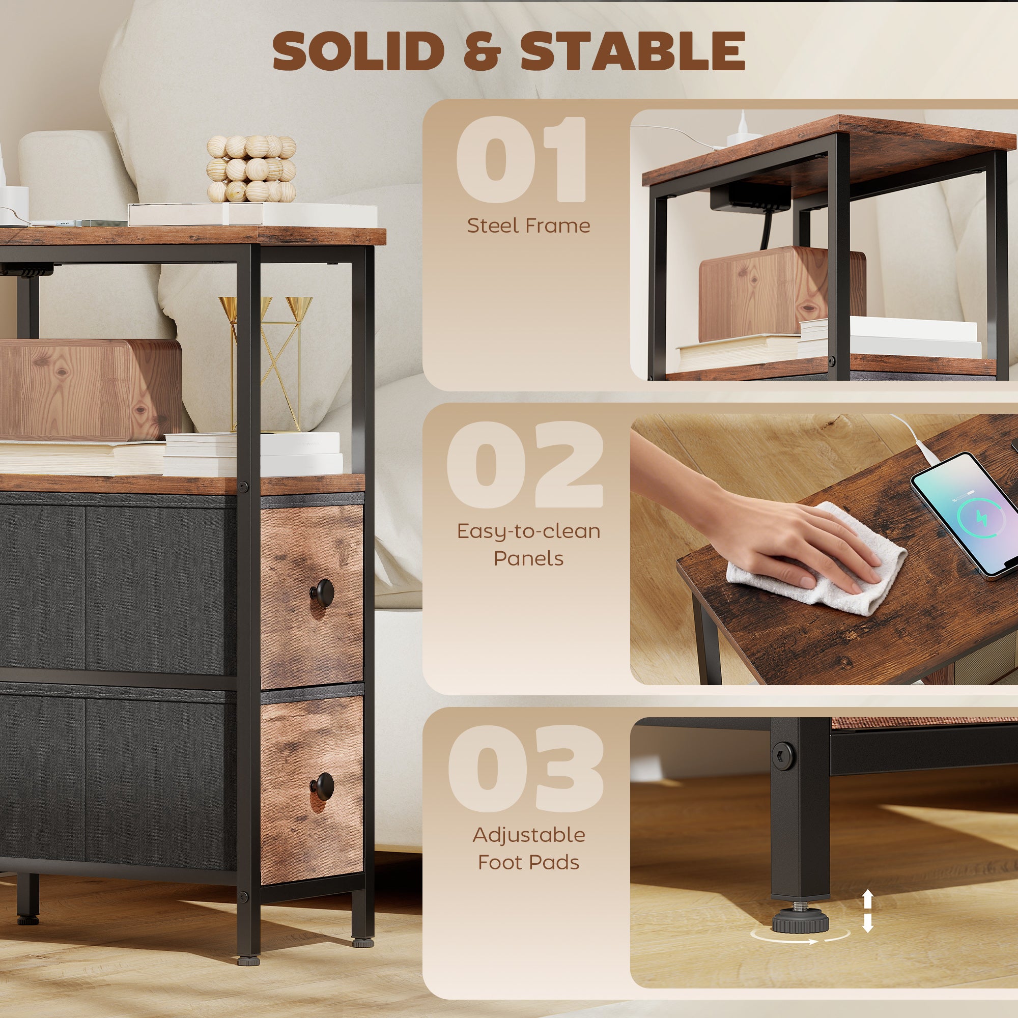 HOMCOM Side Table, Narrow Bedside Table with Charging Station, 2 Drawers, AC Outlet and 2 USB Ports for Living Room, Bedroom 