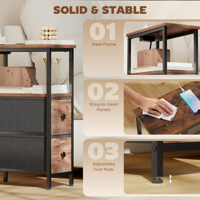 HOMCOM Side Table, Narrow Bedside Table with Charging Station, 2 Drawers, AC Outlet and 2 USB Ports for Living Room, Bedroom 