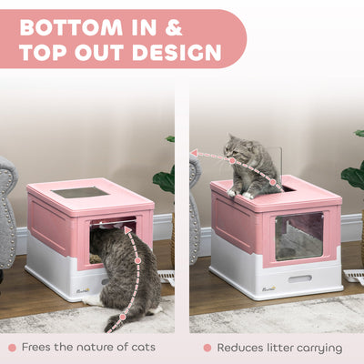 PawHut Hooded Cat Litter Box, Portable Pet Toilet, with Scoop, Front Entry - Pink 