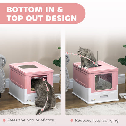 PawHut Hooded Cat Litter Box, Portable Pet Toilet, with Scoop, Front Entry - Pink 