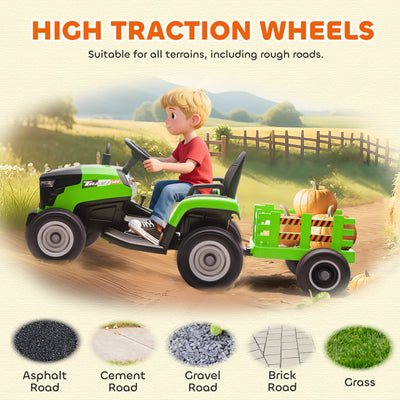 AIYAPLAY 12V Ride on Tractor and Trailer with Remote Control, Music, Shifter, Start-Up Sound, for Kids Ages 3-8 Years, Green 