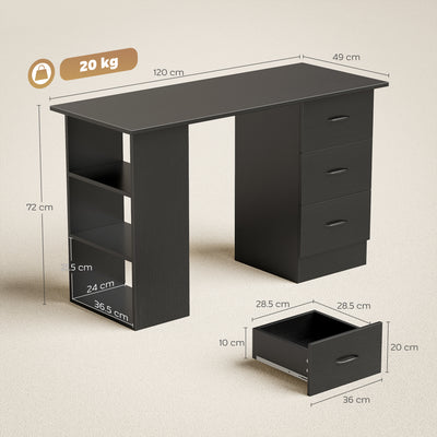 HOMCOM Computer Desk, Writing Table, PC Workstation with 3 Storage Shelves and Drawers, Handle, for Home Office, Black 