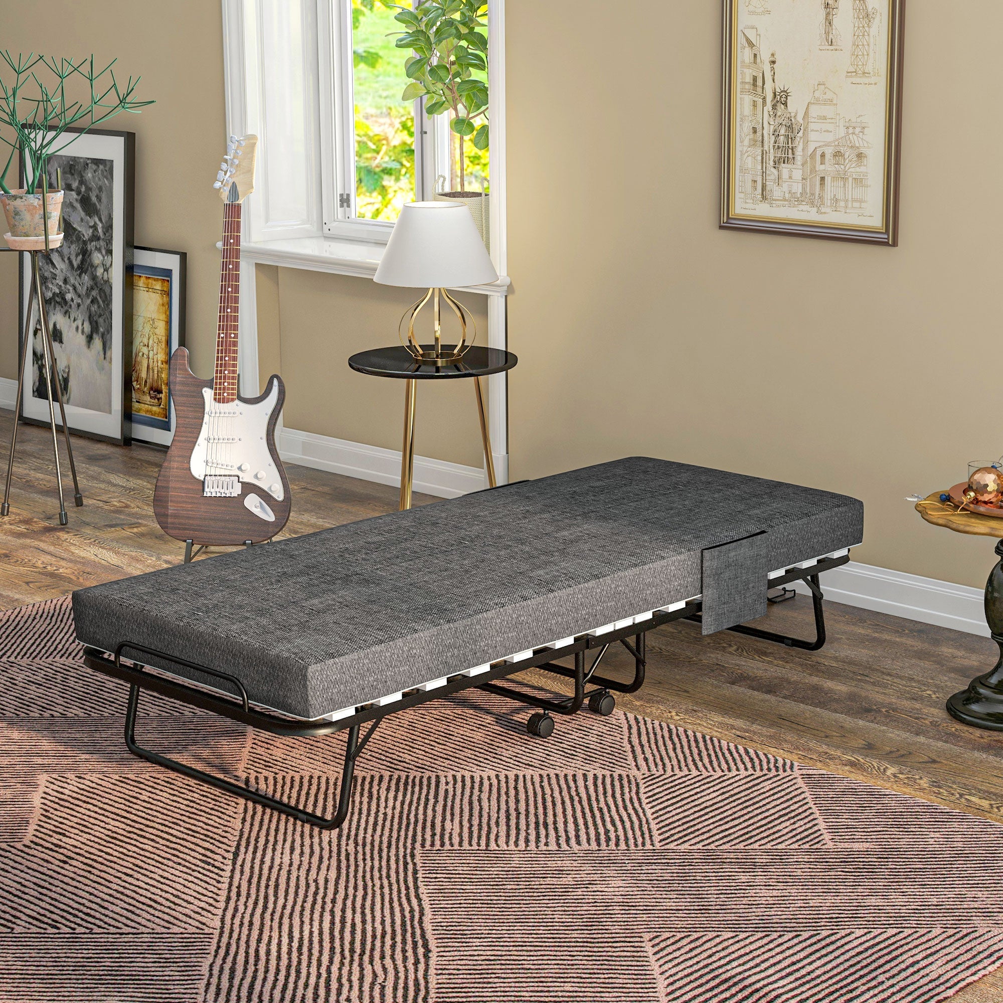 HOMCOM Single Steel Frame Folding Bed, with Wheels - Black/Grey 
