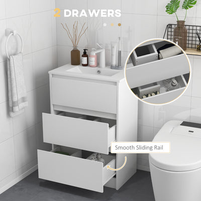 kleankin 600mm Bathroom Vanity Unit with Basin and Single Tap Hole, High Gloss White Floor Standing Bathroom Sink Unit with 2 Drawers 