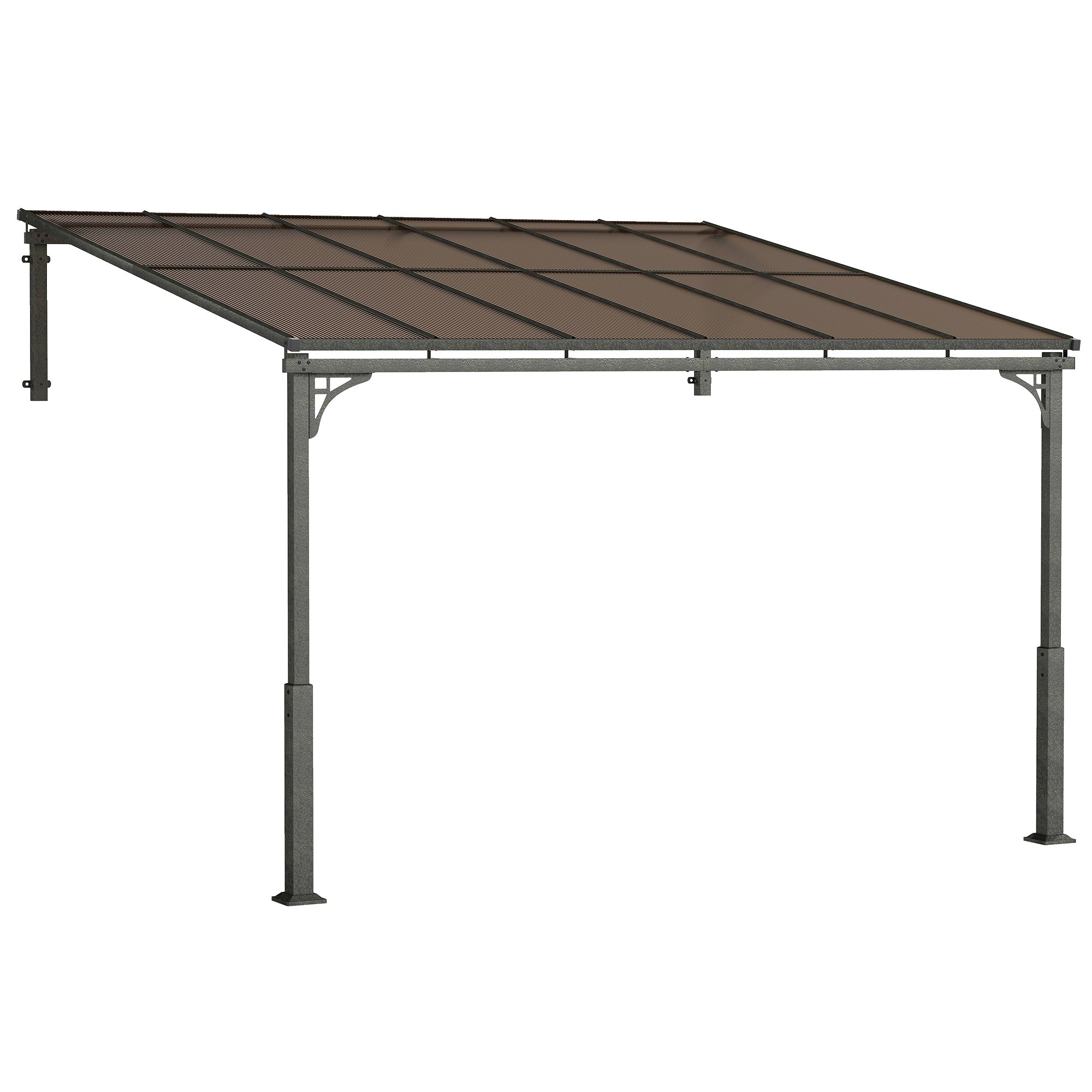 Outsunny 3.4 x 3 m Metal Lean-to Pergola, Wall-Mounted Garden Pergola with Polycarbonate Roof and Metal-Aluminium Frame, Heavy Duty Hardtop Gazebo for Outdoor Patios, BBQ, Brown 