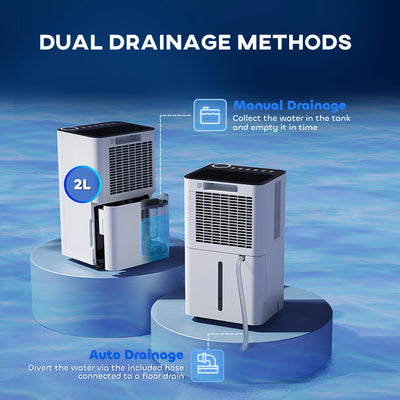 HOMCOM 12L/Day Dehumidifier with Continuous Drainage, 2L Water Tank, 24H Timer, Digital Humidity Display, Filter, Auto Defrost, Children Lock, for Bedroom, Dehumidifier for Home Damp, Laundry Drying 