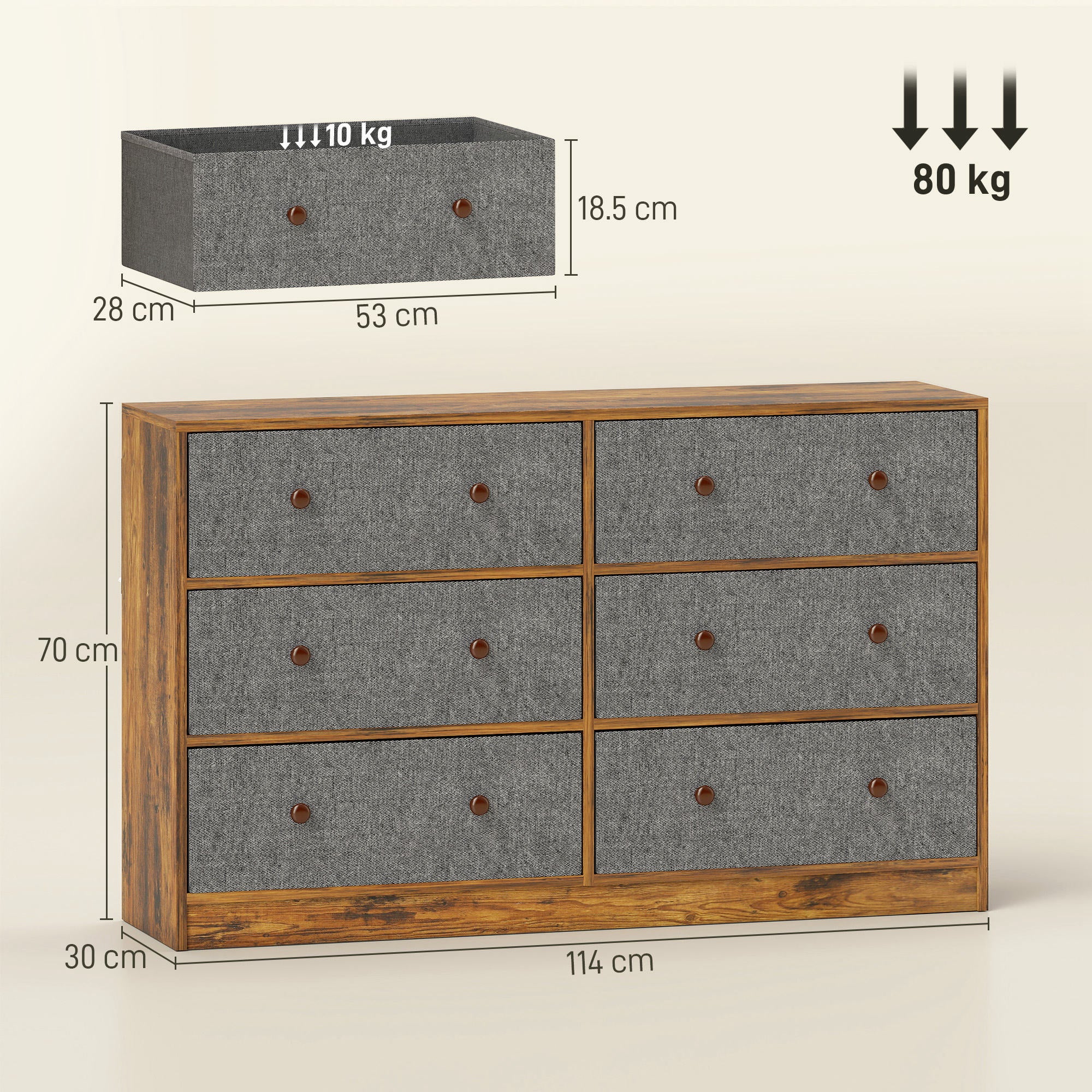 HOMCOM Chest of Drawers, Dresser with 6 Fabric Drawers - Grey and Rustic Brown
