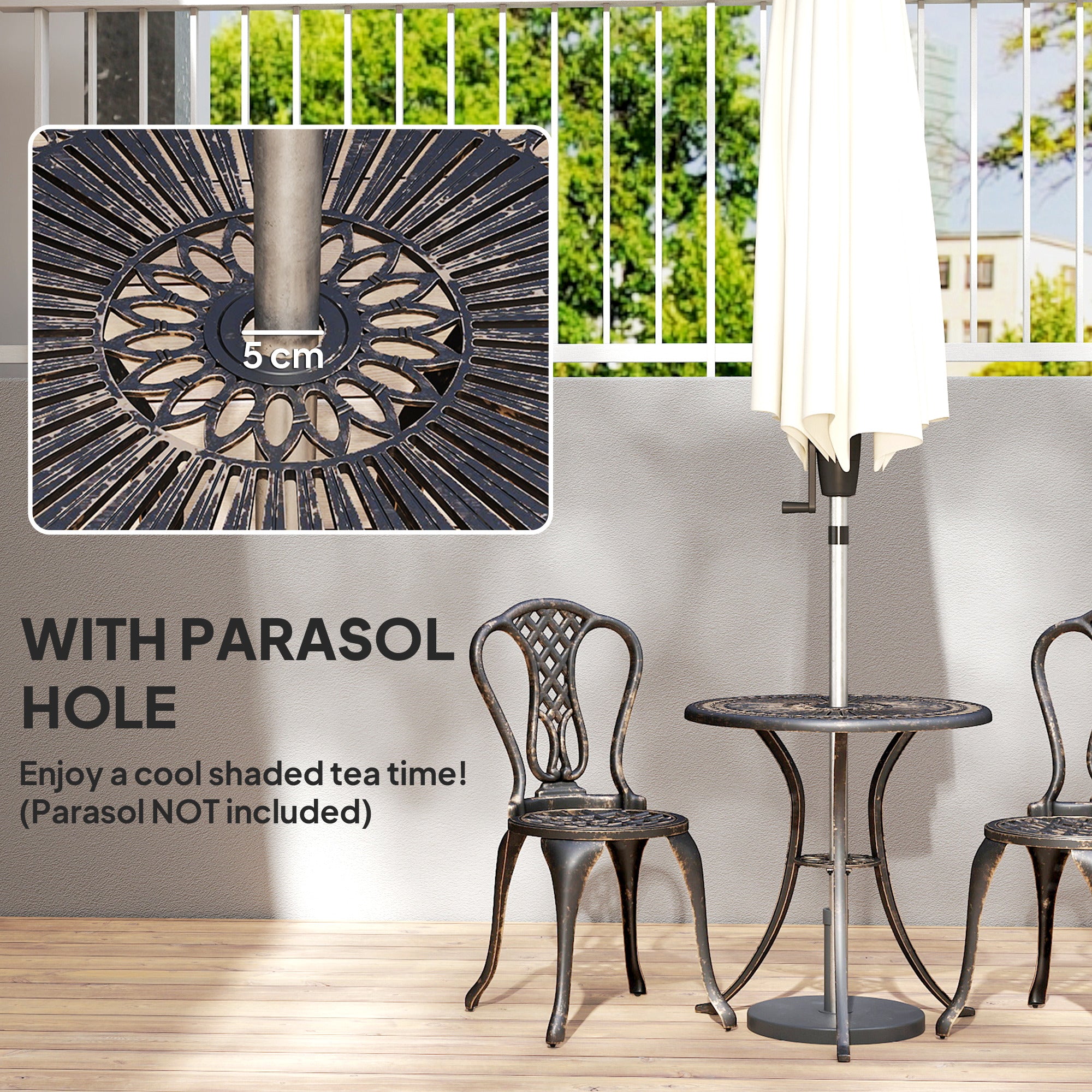 Outsunny Outdoor Bistro Set for 2 Cast Aluminium Patio Furniture with Round Table Umbrella Hole Brown 