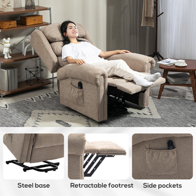 HOMCOM Power Lift Recliner Chair for Elderly, Velvet Electric Riser and Recliner Armchair for Living Room with Remote Control, 2 Side Pockets, Thick Padded Back, Khaki 