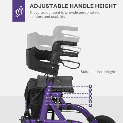 HOMCOM Folding Rollator Walker with Seat, Backrest, Lightweight Walking Frame with Storage Bag, Dual Brakes, All-terrain Wheels, Adjustable Handle Height, 4 Wheeled Walker for Seniors, Purple 