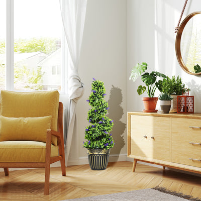 HOMCOM Set of 2 Decorative Artificial Plants, Boxwood Spiral Topiary Tree with Lavender and Pot, Fake Plants for Home Indoor Outdoor Decor, 90cm 