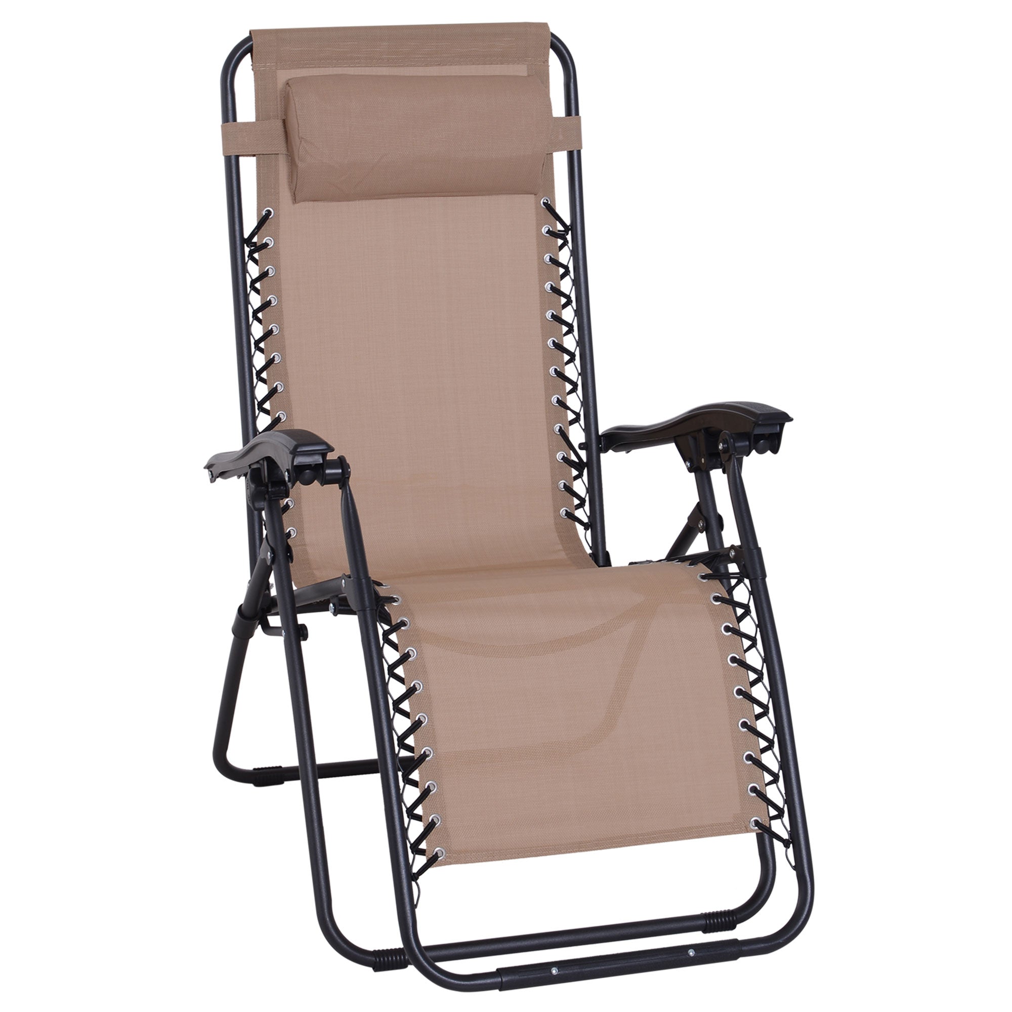 Outsunny Zero Gravity Chair Metal Frame Texteline Armchair Outdoor Folding and Reclining Sun Lounger with Head Pillow for Patio Decking Gardens Camping, Beige 