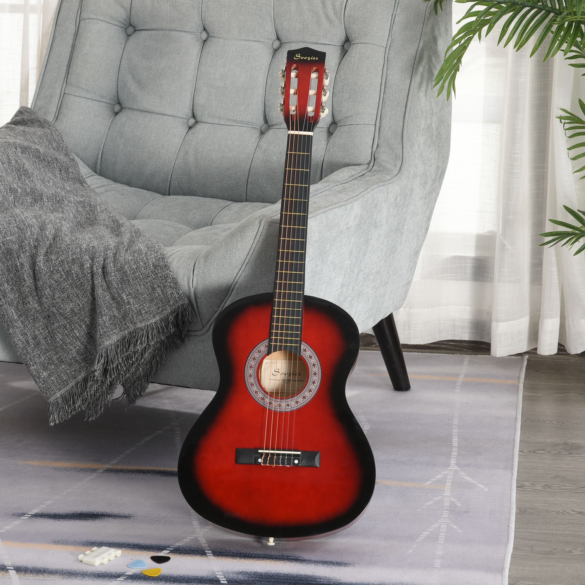 HOMCOM 36" 3/4 Beginner Acoustic Guitar Set, with Protective Case, Red 