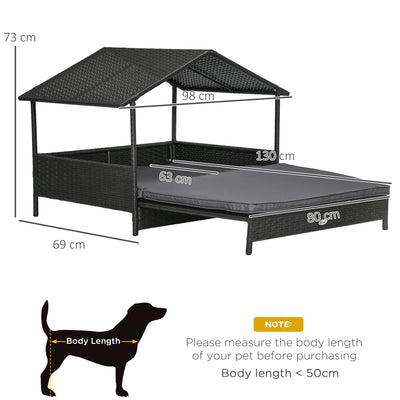 PawHut Extendable Elevated Dog Bed, Rattan Dog House w/ Water-Resistant Roof, Removable Cushion - Grey 