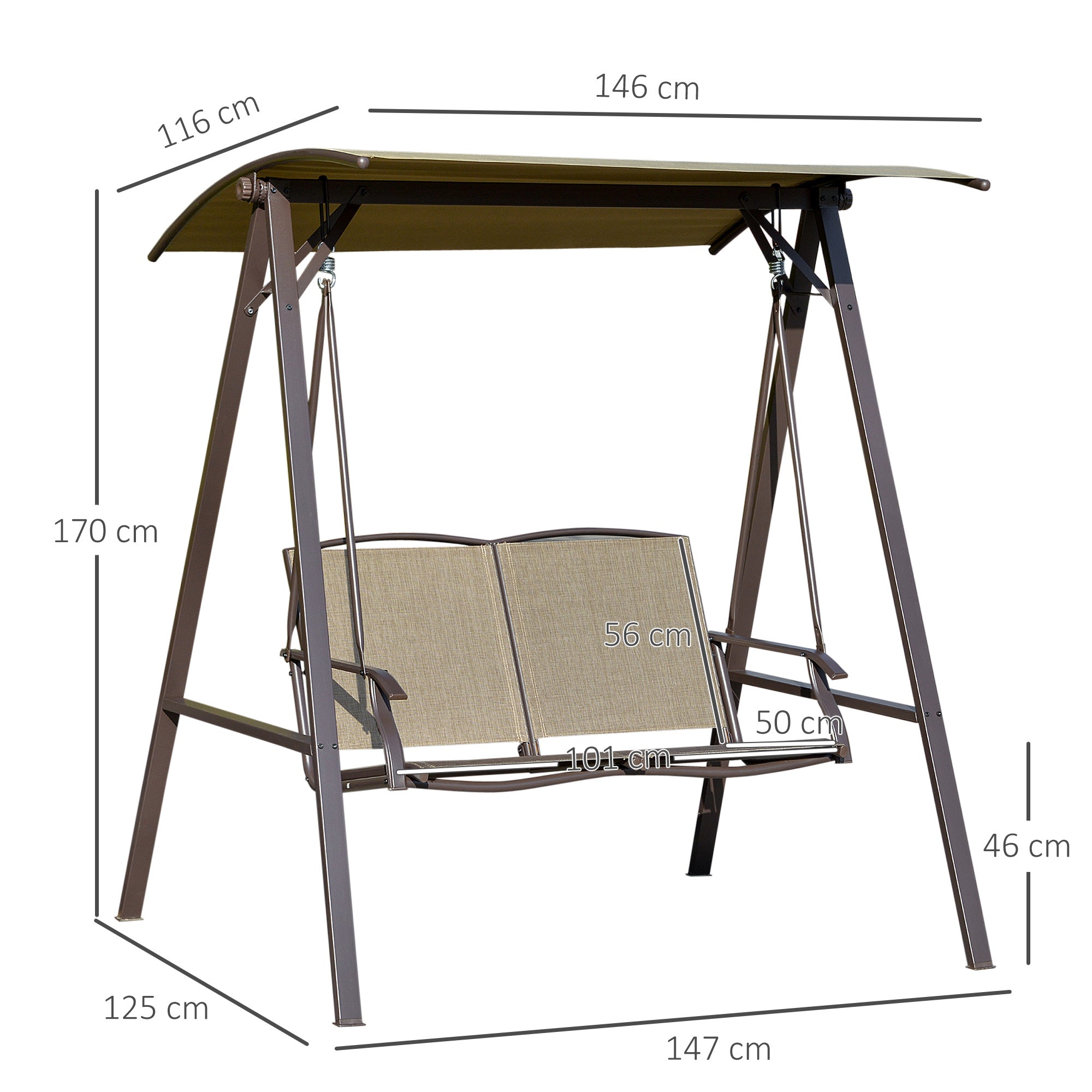 Outsunny 2 Seater Garden Swing Seat Swing Chair, Outdoor Canopy Swing Bench with Adjustable Shade, Metal Frame and Texteline Seat, Brown 