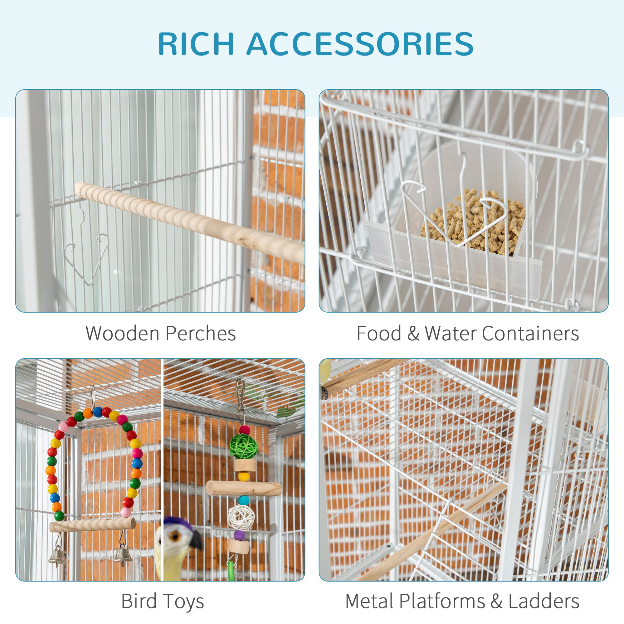 PawHut Large Bird Cage Budgie Cage 3 Tier Aviary with Stand Wheels, Toys, Ladders, Shelf for Canaries, Finches, Cockatiels, Parakeets - White 