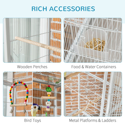 PawHut Large Bird Cage Budgie Cage 3 Tier Aviary with Stand Wheels, Toys, Ladders, Shelf for Canaries, Finches, Cockatiels, Parakeets - White 