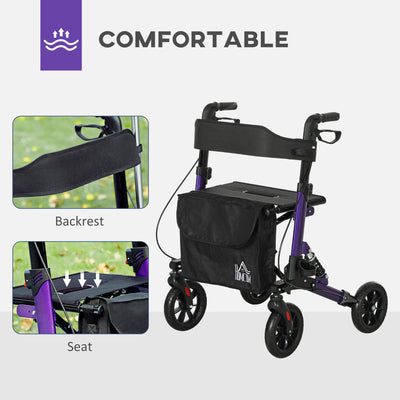 HOMCOM Folding Rollator Walker with Seat, Backrest, Lightweight Walking Frame with Storage Bag, Dual Brakes, Adjustable Handle Height, Suspension System, 4 Wheeled Walker for Seniors, Purple 