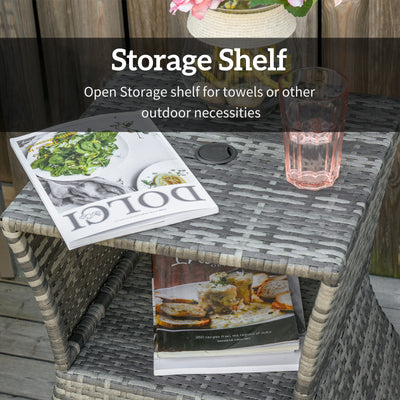 Outsunny Outdoor Patio Rattan Wicker Coffee Table Bistro Side Table w/ Umbrella Hole and Storage Space, Grey 