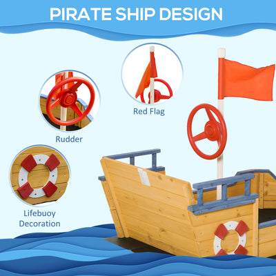 Outsunny Sand pit Kids Children Sandpit Wooden Pirate Ship Sandboat Outdoor Backyard Playset w/Bench Bottom Liner 