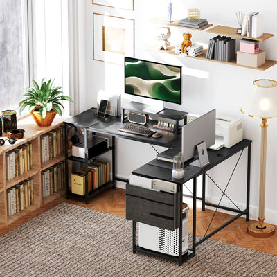 HOMCOM 168cm Reversible L Shaped Desk, Industrial Corner Computer Desk with Adjustable Shelf and Storage Bag, 240cm 2 Person Desk with Monitor Stand, Black 