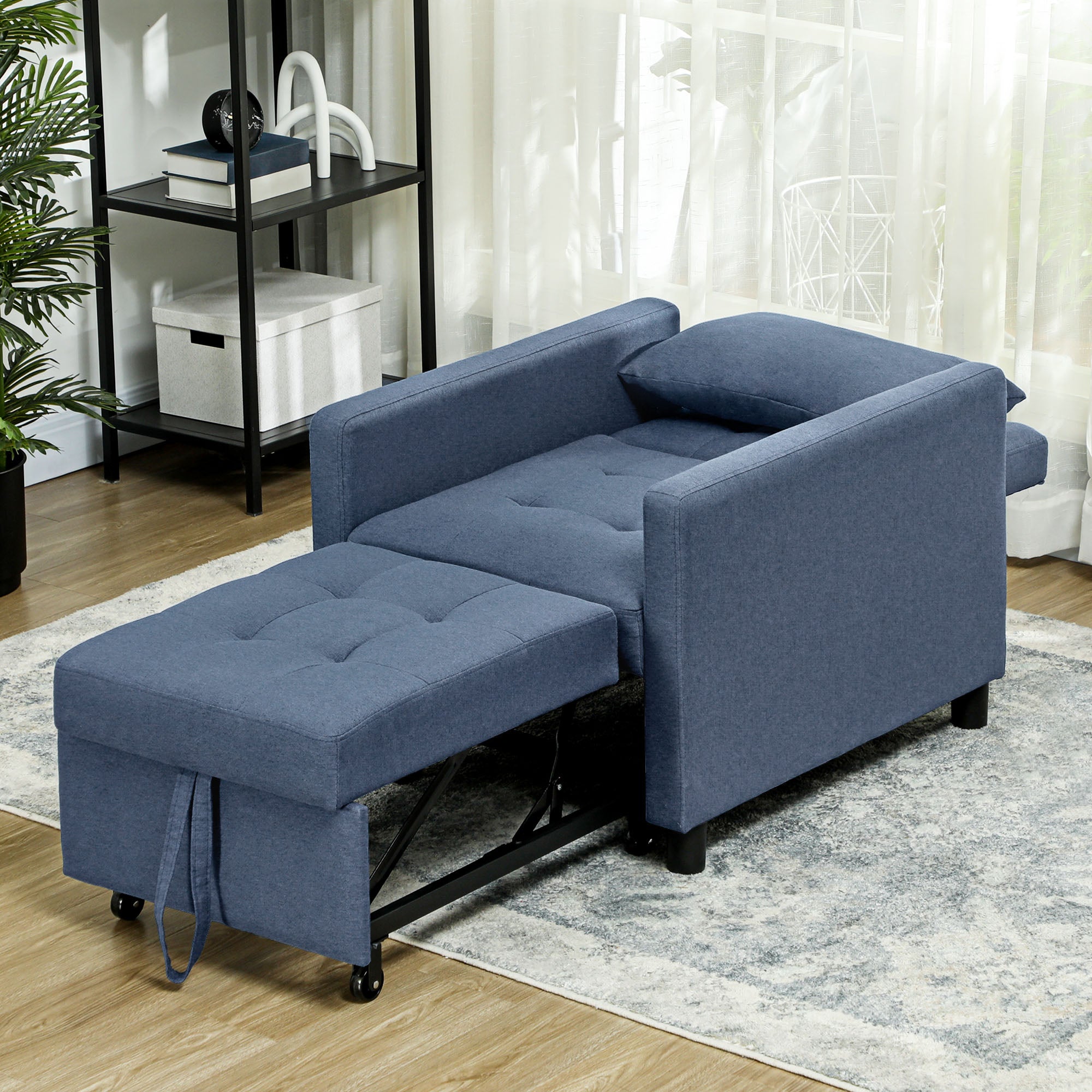 HOMCOM 3-In-1 Chair Bed, Convertible Sleeper Chair with Adjustable Backrest, Pillow and Footrest for Living Room, Blue 