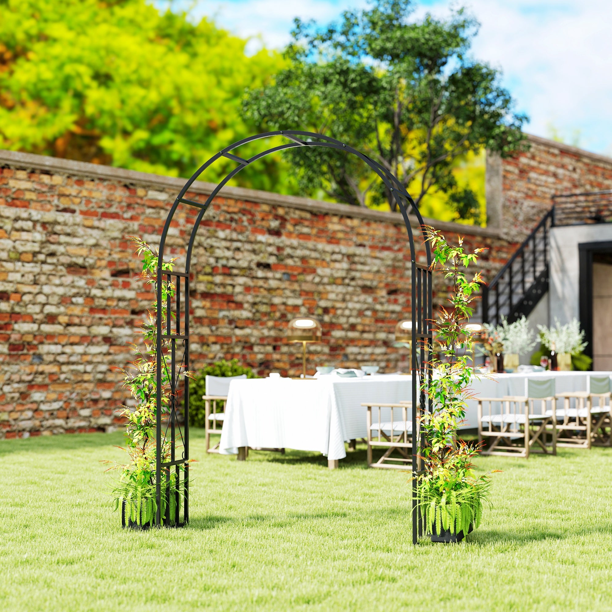 Outsunny Steel Garden Arch, 2.2m High x 1.5m Wide Metal Garden Trellis for Climbing Plants Roses Wisteria Vines, Outdoor Wedding Arch for Bridal Party Ceremony Decoration, Black 