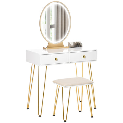 HOMCOM Dressing Table Set with LED Light, Round Mirror, Vanity Makeup Table with 2 Drawers and Cushioned Stool for Bedroom, White 