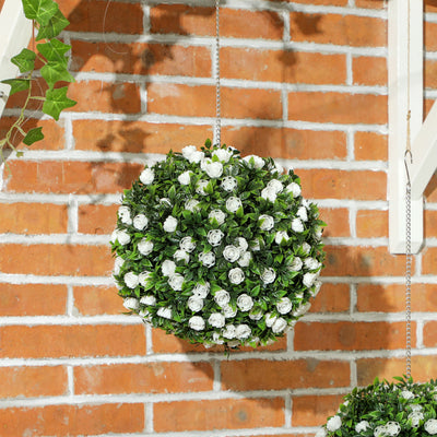 HOMCOM Set of 2 Decorative Artificial Plants, UV-protected Artificial Plant Topiary Rose Balls, Fake Plants for Home Indoor outdoor Decor, 28cm, White 