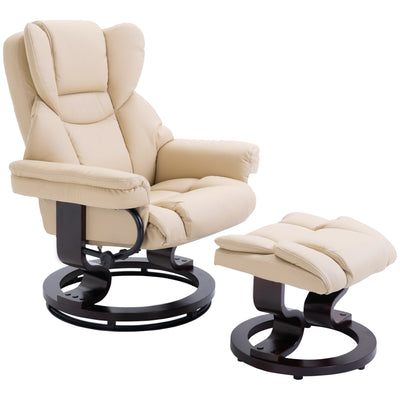 HOMCOM Faux Leather Recliner Chair and Footstool, Swivel Upholstered Armchair and Footstool with Adjustable Backrest, Solid Wood Base for Living Room, Cream 