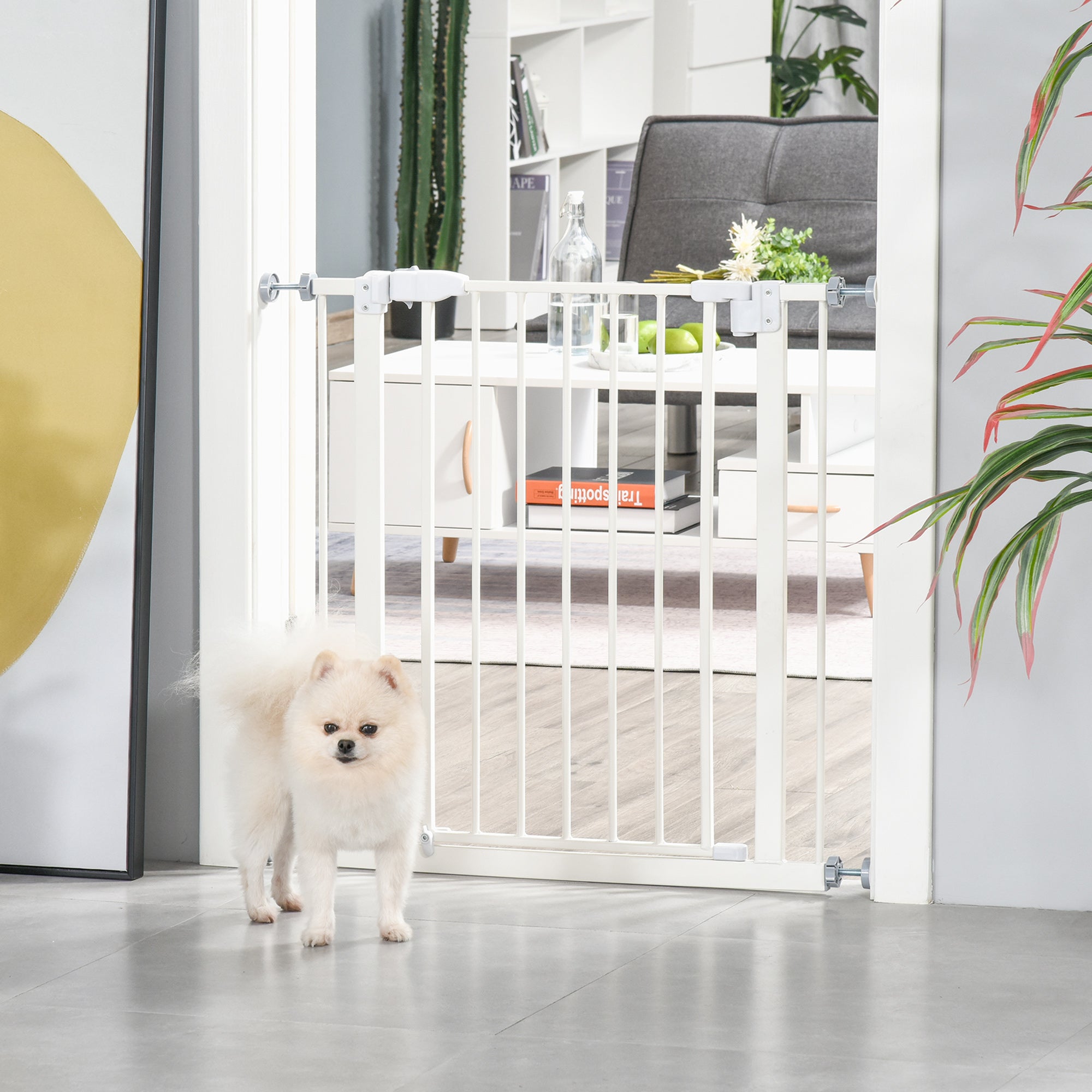 PawHut Pressure Fit Safety Gate, Adjustable Dog Gate, Pet Barrier for for Doorways, Staircases and Hallways with Auto Close, Double Locking, Opening 74-80cm, White 