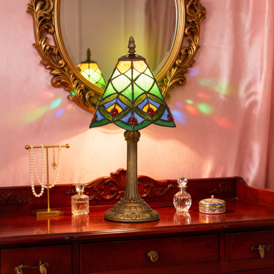 HOMCOM Tiffany-Style Table Lamp with Geometric Patterns, Handcrafted Antique Stained Glass Bedside Lamp for Living Room and Bedroom, E27 Socket, Green 