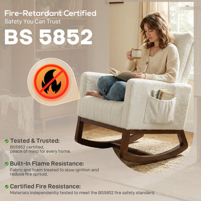 HOMCOM Rocking Chair for Adults, Lounge Rocker Chair with Lumbar Pillow, High Back, Wood Base, Side Pockets, Cream White 