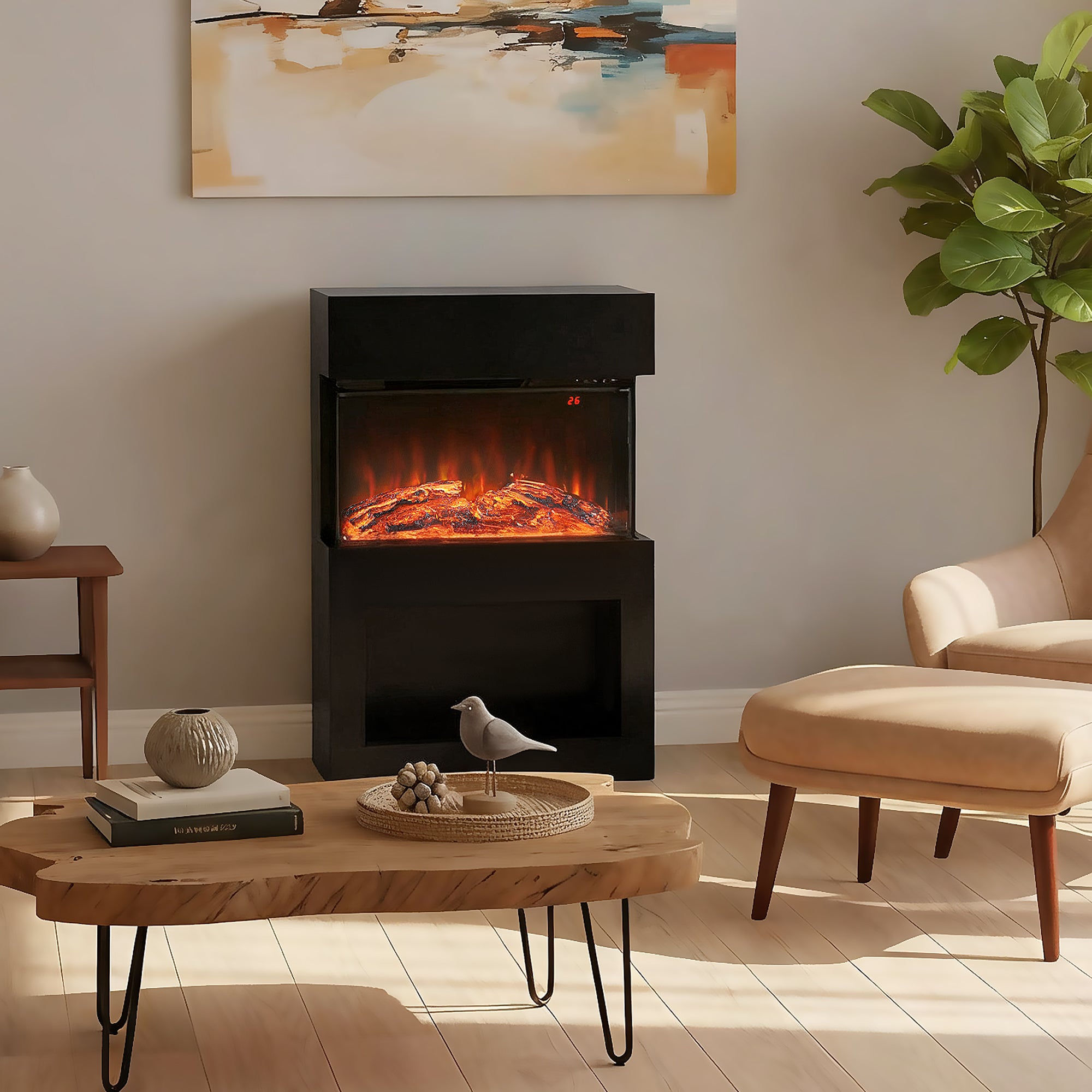 HOMCOM 19" Electric Fireplace with Surround, 3D Flame Effect, 6 Colours & 3 Brightness Levels, 1000W/2000W Black Electric Fire and Mantel Reach up to 30㎡ Space with Remote & Timer, 3 Sided View 