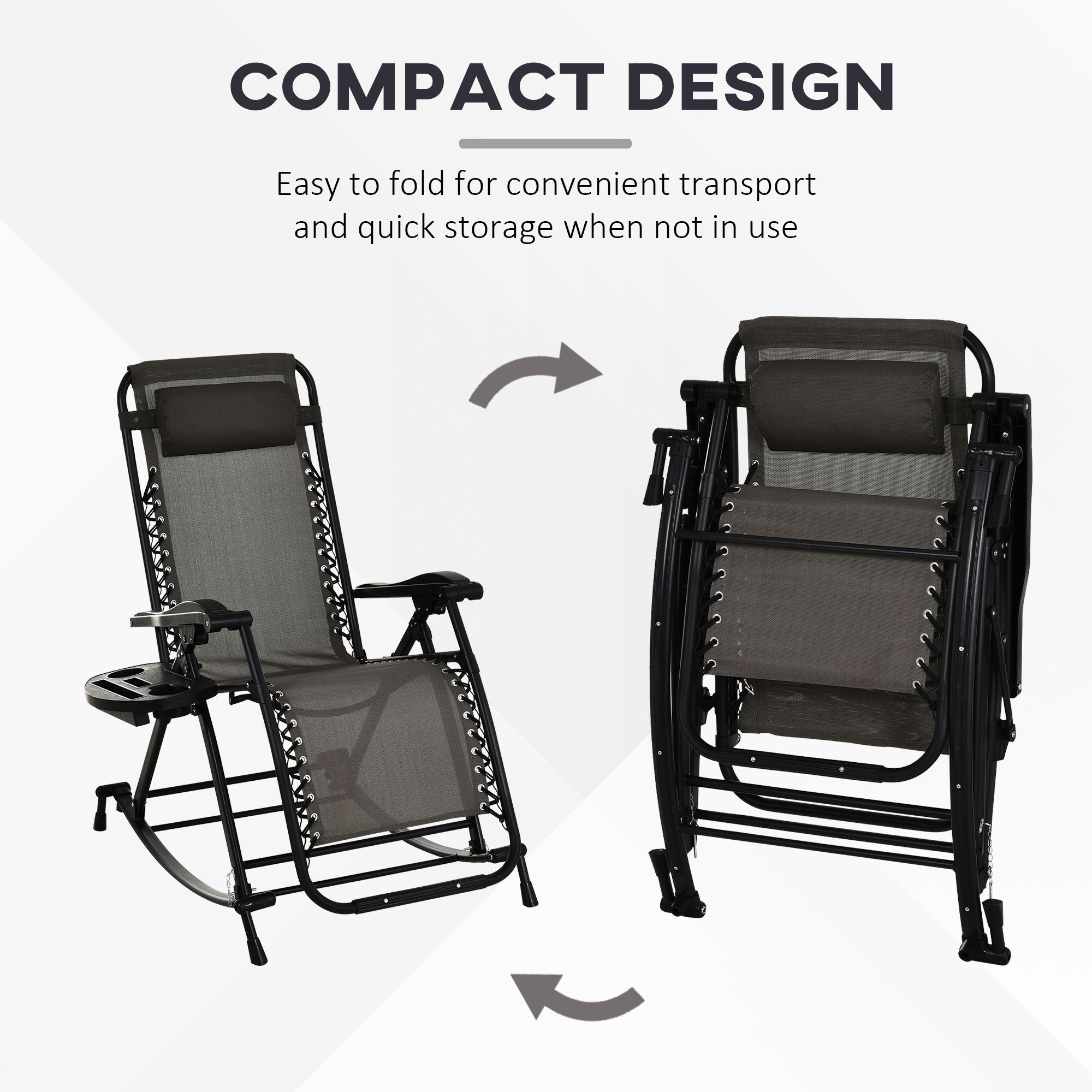 Outsunny Garden Rocking Chair Folding Recliner Outdoor Adjustable Sun Lounger Rocker Zero-Gravity Seat with Headrest Side Holder Patio Deck - Grey 