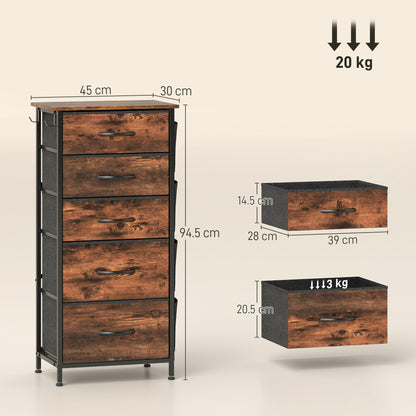 HOMCOM Chest of Five Fabric Drawers - Rustic Brown