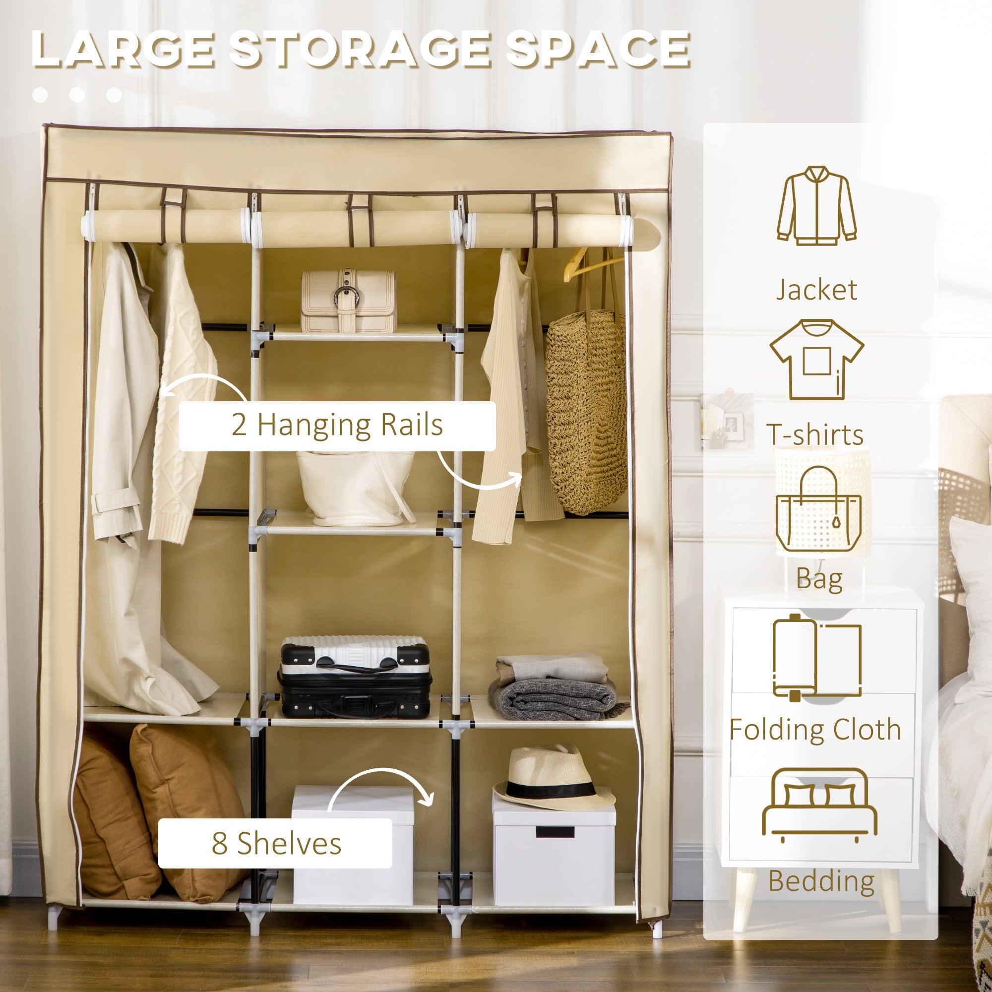 HOMCOM Fabric Wardrobe, Portable Wardrobe, Clothes Storage Unit with 8 Shelves, 2 Hanging Rods, 125 x 43 x 162.5 cm, Beige 