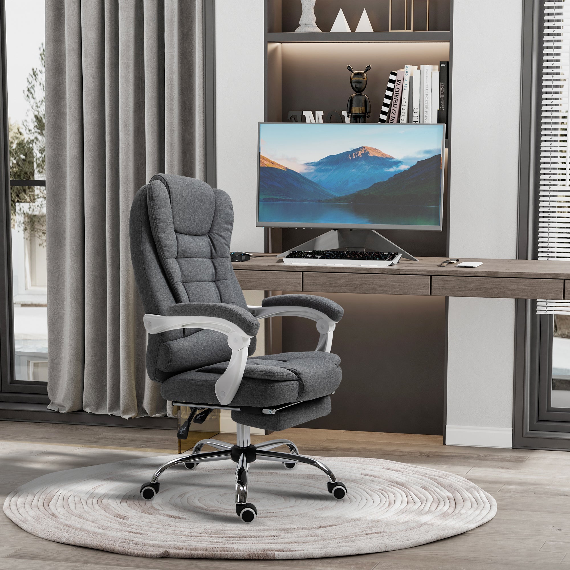 Vinsetto Office Chair, Computer Desk Chair, Linen Fabric Swivel Rolling Task Chair with Large Soft Padded Cushion, 135\'c2\'b0 Reclining Backrest and Retractable Footrest, Grey