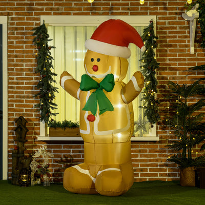 HOMCOM 6ft Christmas Inflatable Gingerbread Man & Santa Hat Safe Outdoor Decoration w/ LED Lights Accessories 
