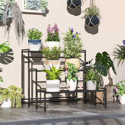 Outsunny Three-Tier Metal Plant Shelf - Black 