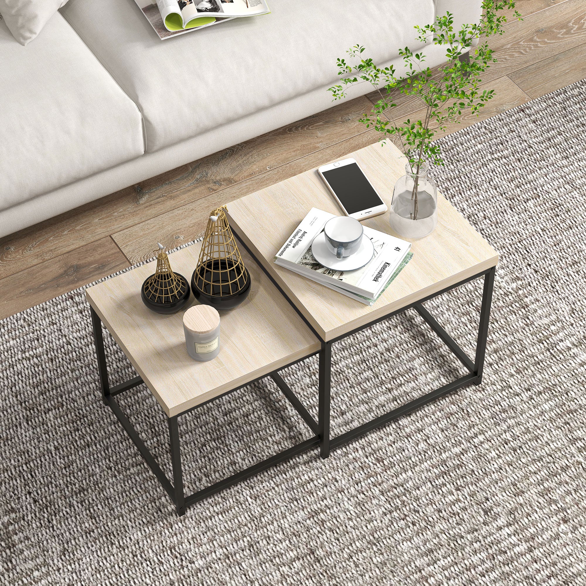 HOMCOM Coffee Table Set of 2, Nest of Tables with 3.5cm Thick Tabletop, Oak 