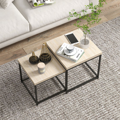 HOMCOM Coffee Table Set of 2, Nest of Tables with 3.5cm Thick Tabletop, Oak 