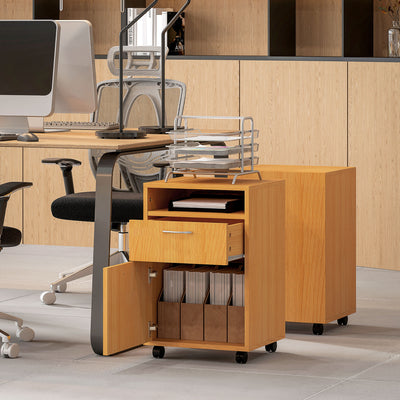 HOMCOM 60cm Filing Cabinet with Drawer, Open Shelf, Metal Handles and 4 Wheels, Office Home Organiser Mobile Printer, Natural Wood Finish 